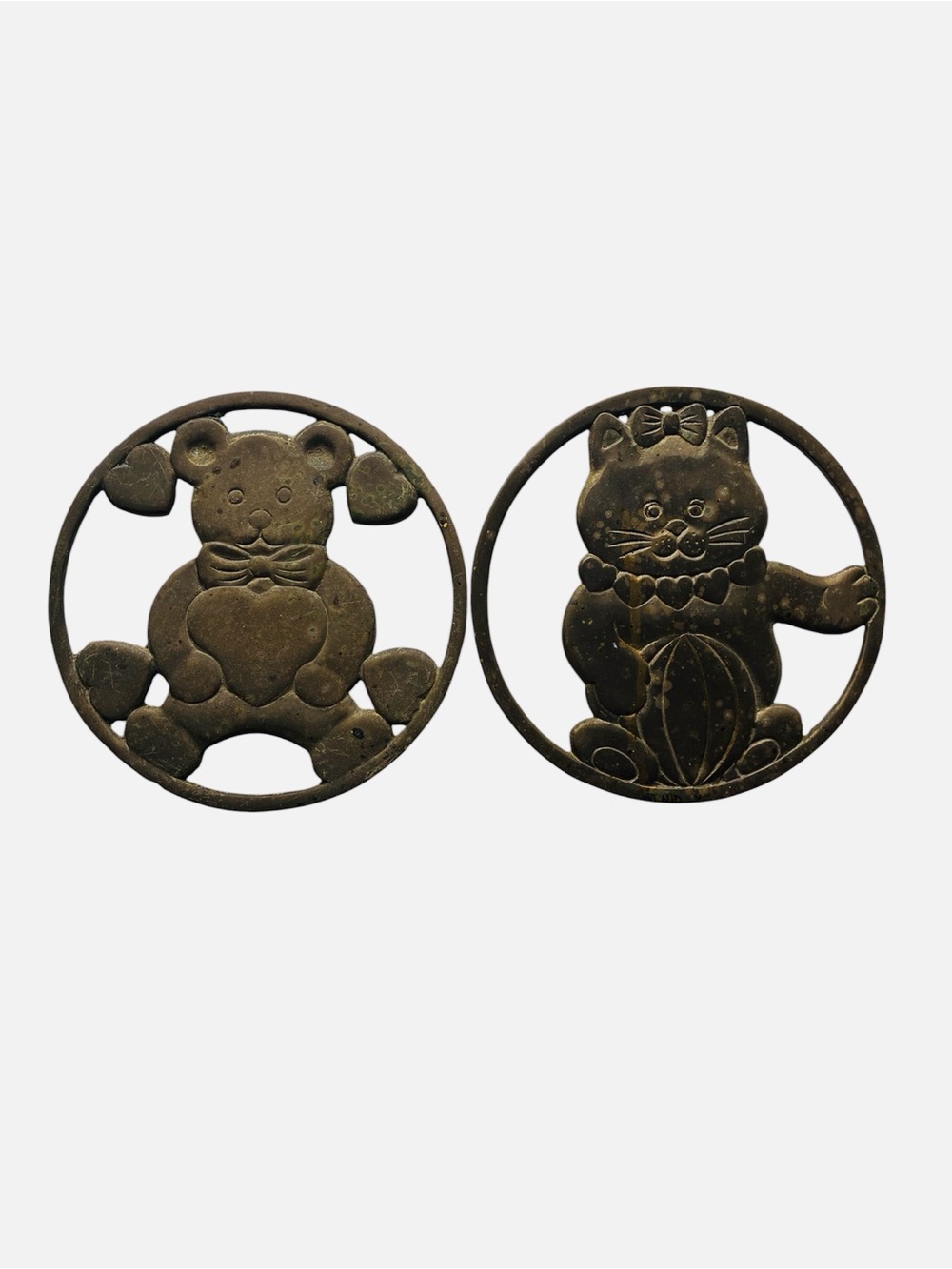 Vintage Brass Set of 2  Teddy Bear and Cat 7”Kitchen Trivet